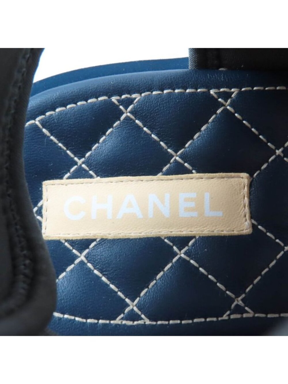 Chanel CC Logo Quilted Velcro Fabric Leather Sandals Khaki Navy 39 - Picture 11 of 16